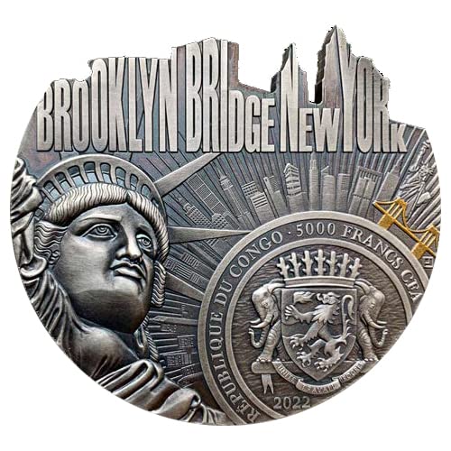 2022 DE Világhírű Hidak PowerCoin Brooklyn-Híd Alakú, 5 Oz Ezüst Érme 5000 Frankot Kongó 2022 Antik Befejezés