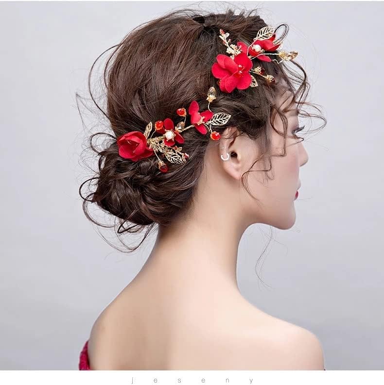 SLSFJLKJ Piros Virág Kézzel készített hajcsat Menyasszony, lakodalom Fejdísz Tartozékok Haj Díszek Menyasszony