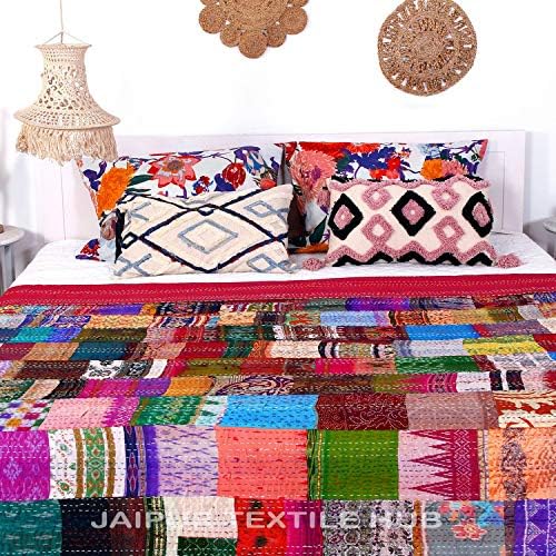 Jaipur Textil Hub Selyem Szárit Királynő Kantha Takaró Patchwork Design Paplanok Királynő Ágytakaró Franciaágy Takaró