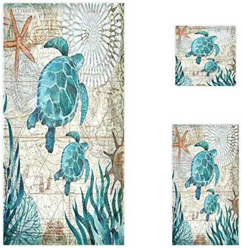 Naanle Vintage Óceán Tengeri Teknősök Csillag Térkép Puha Luxus Díszítő Készlet 3 Törülköző, 1 fürdőlepedő+1 kéztörlő+1