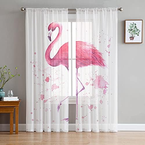 Possta 2 Dekor Panelek Voile Ablakot, Függönyt Flamingo Trópusi Állat Fehér,Rod Zsebéből Félig Áttetsző Függöny Esztétikai