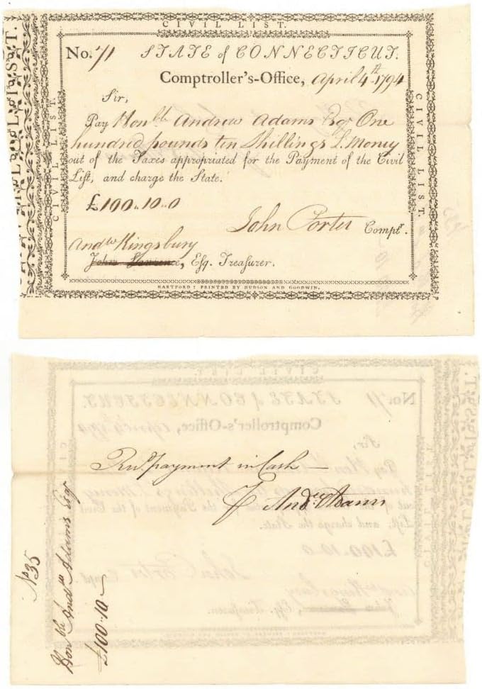 Fizetni Kiadott utasítást, hogy Andrew Adams által aláírt Andrew Kingsbury John Porter - Connecticut Forradalmi Háború