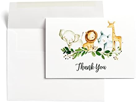 25 Dobozos Safari Köszönöm Kártyák Boríték (Vastag Kártya) Baba Zuhany, Dzsungel Zöld Nagyméretű 4x6 Állatkerti Állat,