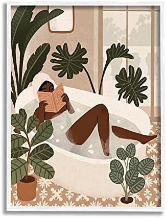 Stupell Iparágak Női Olvasó a Fürdő Trópusi Palm Növények, Design by Victoria Barnes Fehér Keretes Wall Art, 24 x 30,