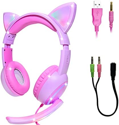 A gyerekek Fejhallgató LED Macska Füle，Összecsukható A Fül Vezetékes Headset, 3,5 mm Audio Kábel a Gyerekek/Tinik/Fiúk/Lányok/iPad/Smartphones/PC/Tablet/Laptop(Rózsaszín)