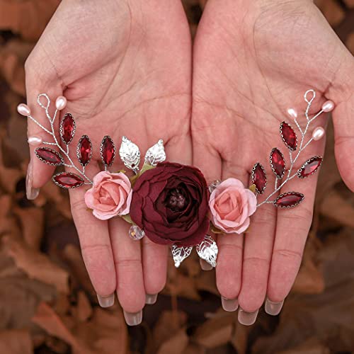 Unicra Rózsa Virág Menyasszony Esküvői Haj Szőlő Ezüst Levél Menyasszonyi Haj Darab Piros Strasszos Haj Tartozékok Gyöngy
