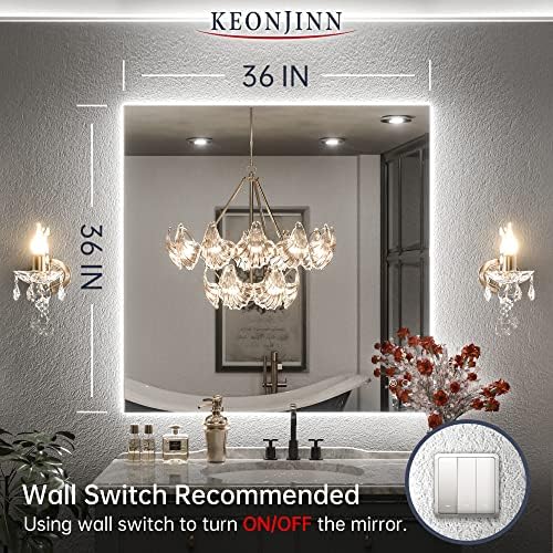 Keonjinn 36 x 36 Inch LED Fürdőszoba Tükör Fényekkel Megvilágított Tükör Tér Kivilágított Fürdőszoba Tükör Anti-Köd