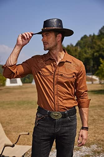 COOFANDY Férfi Western Ing, Hosszú Ujjú Slim Fit Embroideres Cowboy Alkalmi Gomb Le Póló